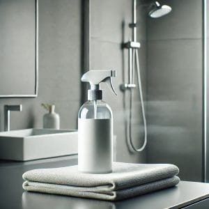 Glass cleaning spray bottle on countertop in a modern bathroom