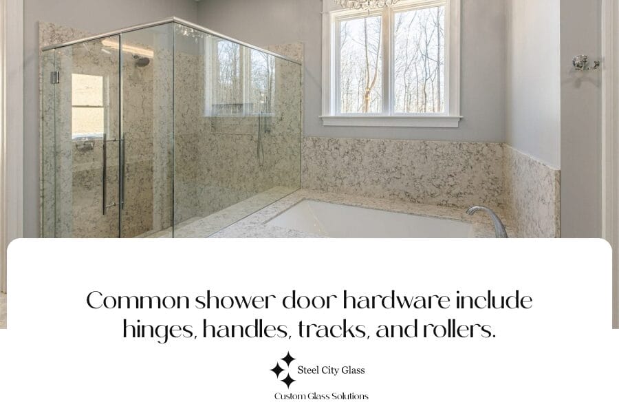 An infographic highlighting common shower door hardware