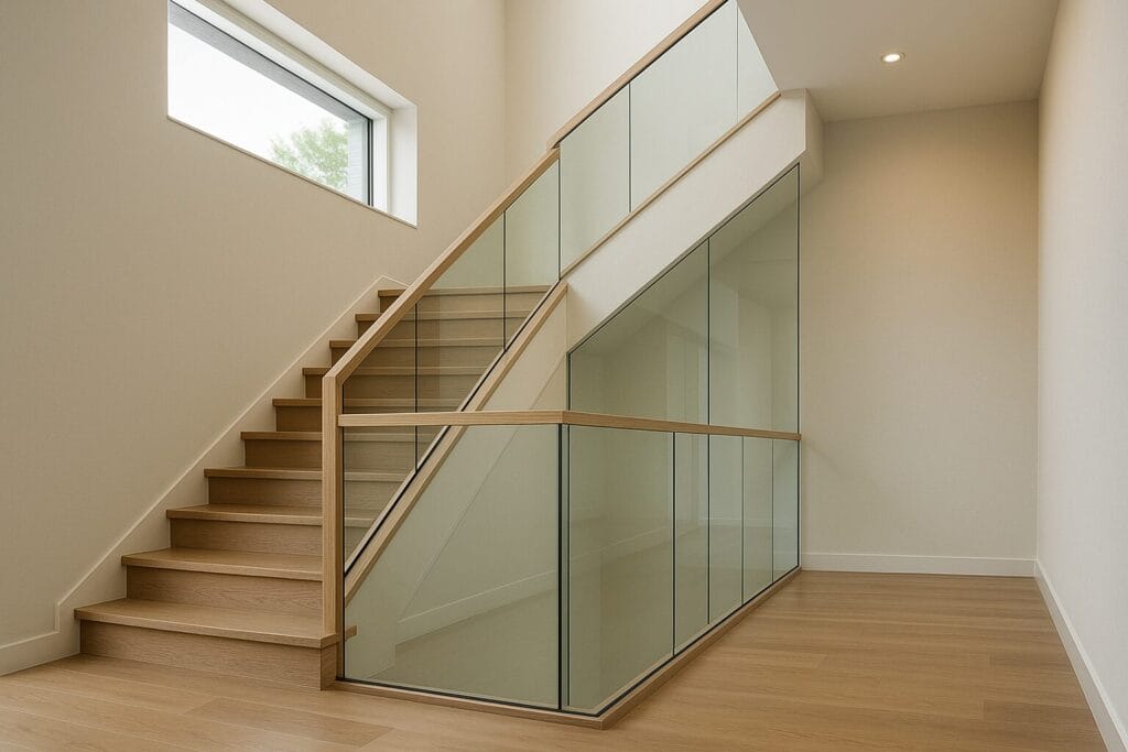 Glass Guardrail Wall Along Double-Height Stairs example