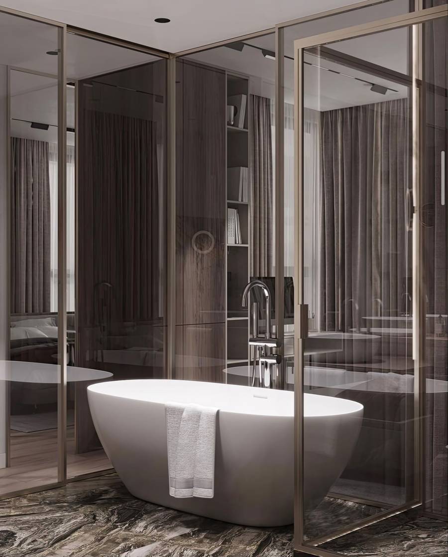 Bathroom with custom glass design